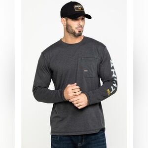 ARIAT MEN'S REBAR WORKMAN LOGO LONG SLEEVE SHIRT GREY SIZE XL COOL PERFORMANCE